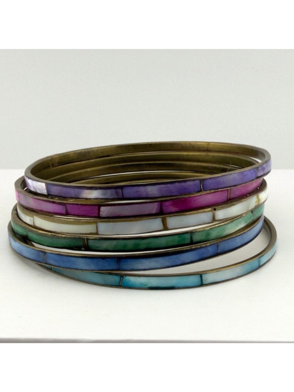 Vintage Mother Of Pearl Inlay Brass Bangle Set of 6 Pink Purple Blue Green Aqua - Picture 2 of 11